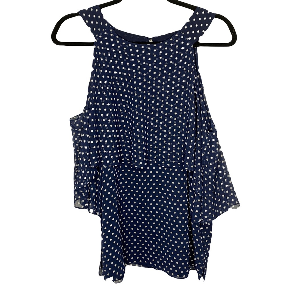 Calvin Klein Women’s Navy Boho White Polka Dot Flowy Chiffon Blouse Size Medium